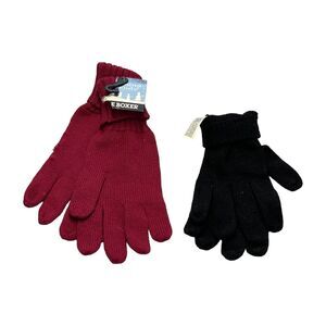 Lot Of 2 Gloves Women One Size Black Pink 100% Acrylic Knit Ribbed